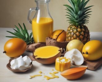 Ingredients on a countertop—mango, pineapple, coconut milk, honey, and blender.