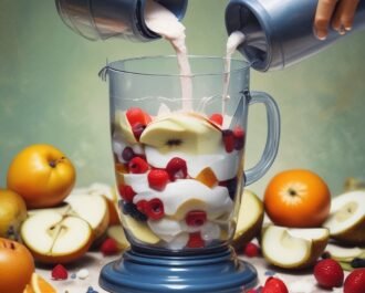Fruit chunks and coconut milk being poured into a blender.