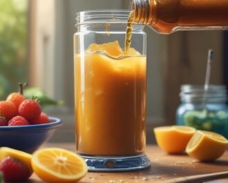 Drizzling honey into the blender and adding ice cubes.