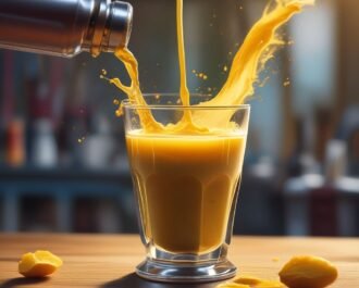 Blender whirring with golden smoothie mixture inside.