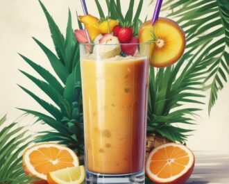 Smoothie in a tall glass with a tropical garnish and straw.