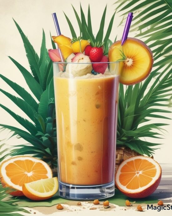 Smoothie in a tall glass with a tropical garnish and straw.