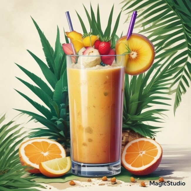 Smoothie in a tall glass with a tropical garnish and straw.