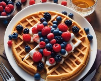 Transfer the waffle to a plate and top with fresh berries. Add extra maple syrup or a dusting of powdered sugar if desired.