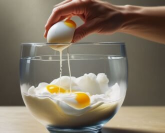 Whisking egg and sugar in a glass bowl.