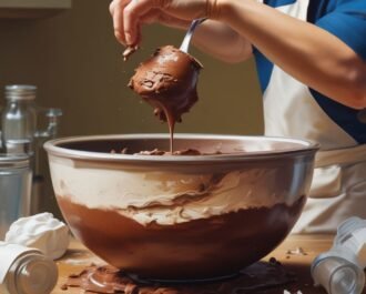 Mixing chocolate batter with flour in bowl.
