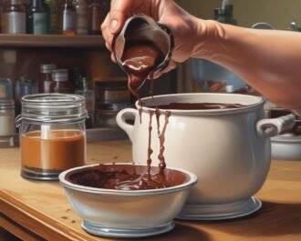 Pouring chocolate batter into a greased ramekin.