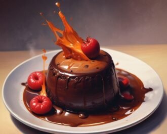 Freshly baked lava cake inverted on plate with molten center oozing out.